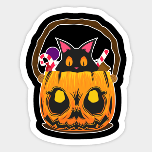 Black cat in malevolent pumpkin full of sweets on Halloween Sticker